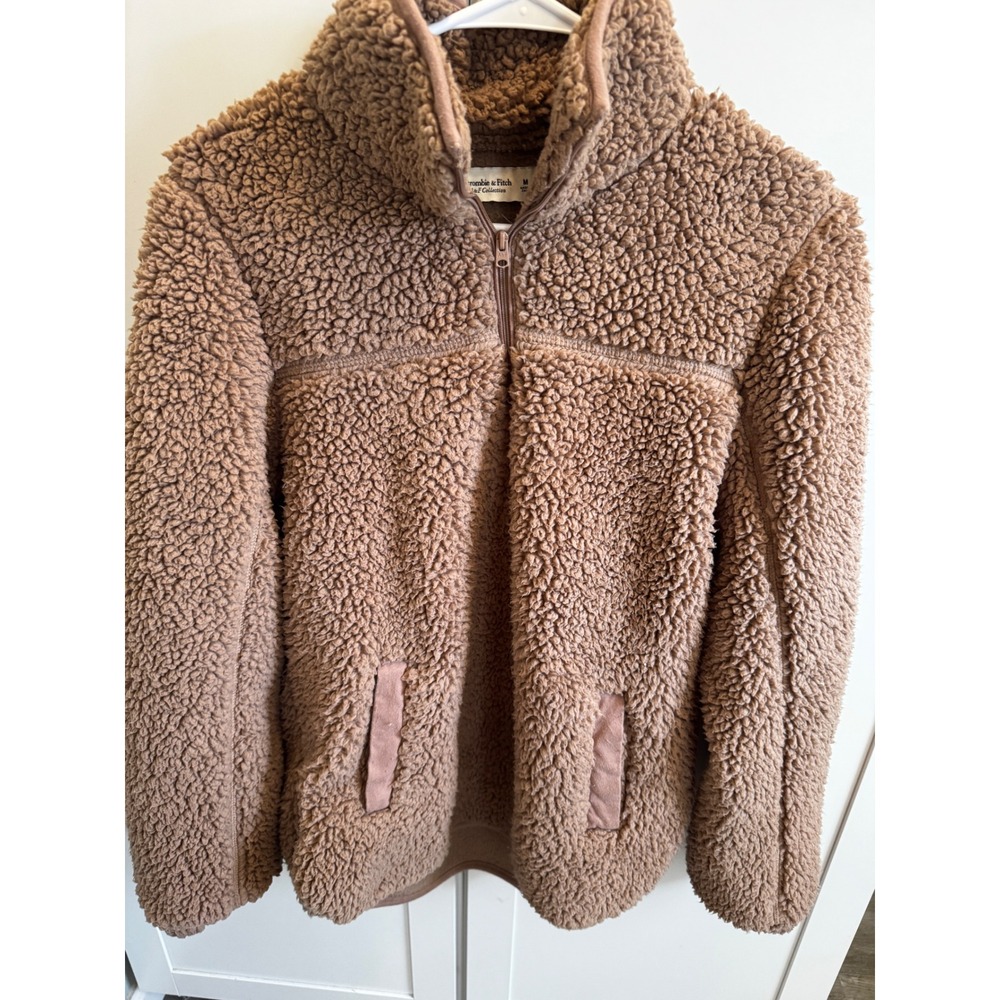 Abercrombie Fitch Womens Sherpa Fleece Quarter‎ Zip Pullover Jacket Tan Medium